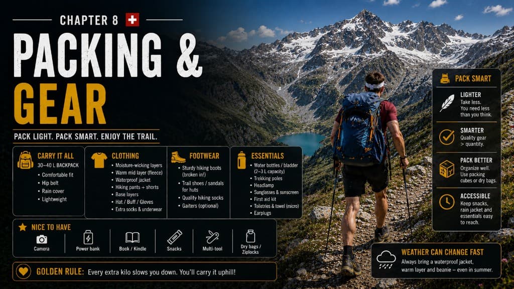 Bernina Trek packing list — 30–40 L pack and hut kit