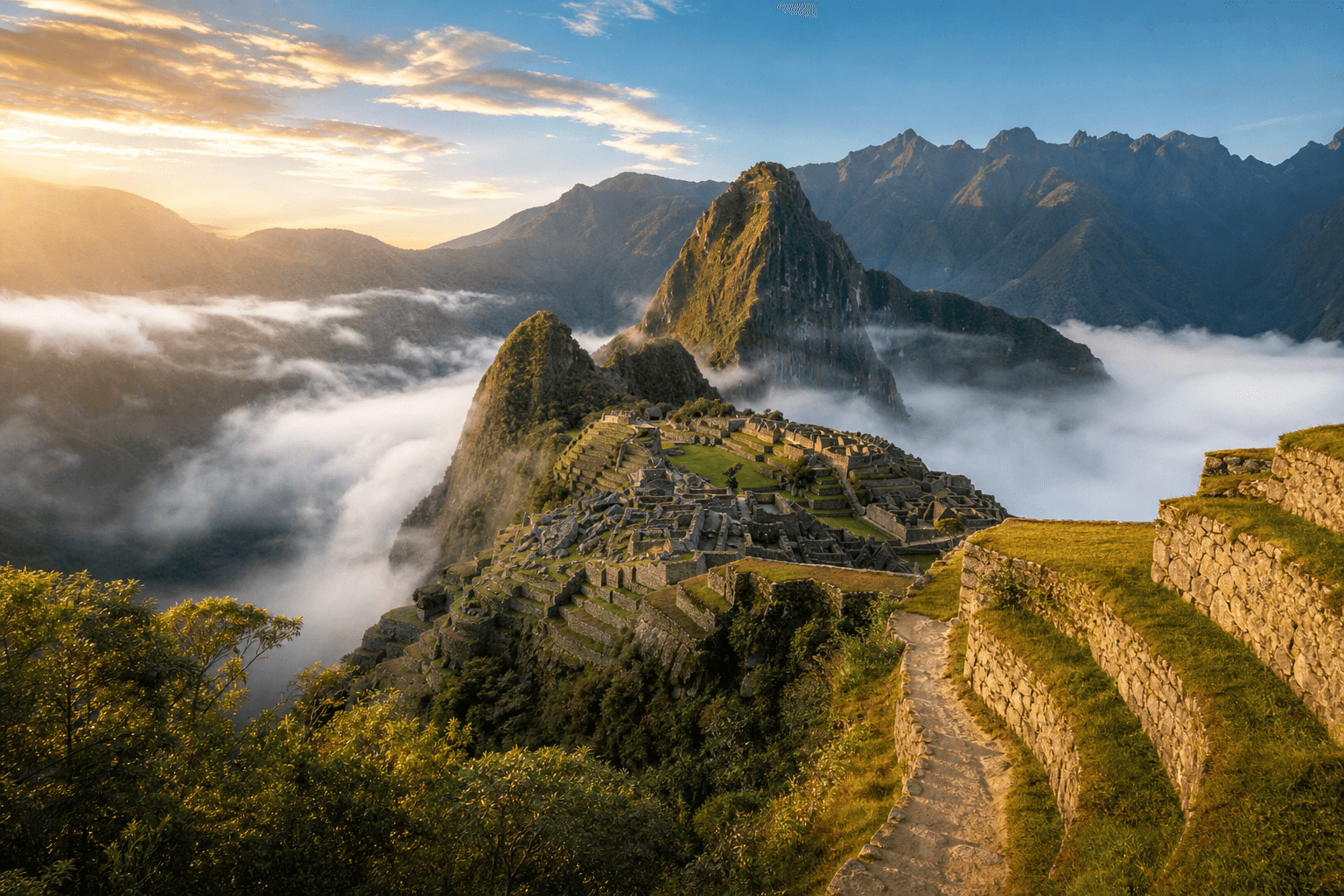 Machu Picchu at sunrise from the Classic Inca Trail, Peru