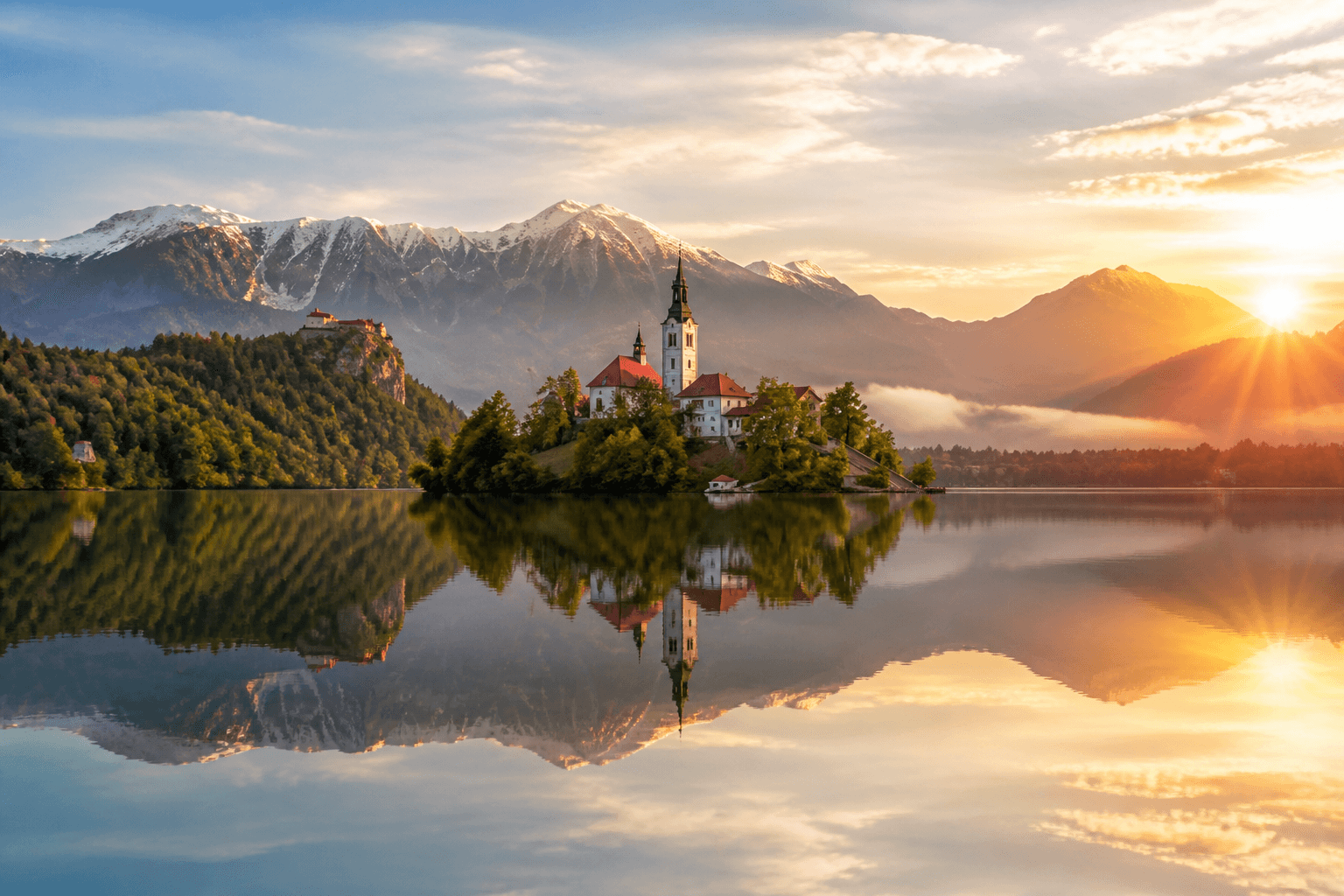 Lake Bled at sunrise with Julian Alps, Slovenia