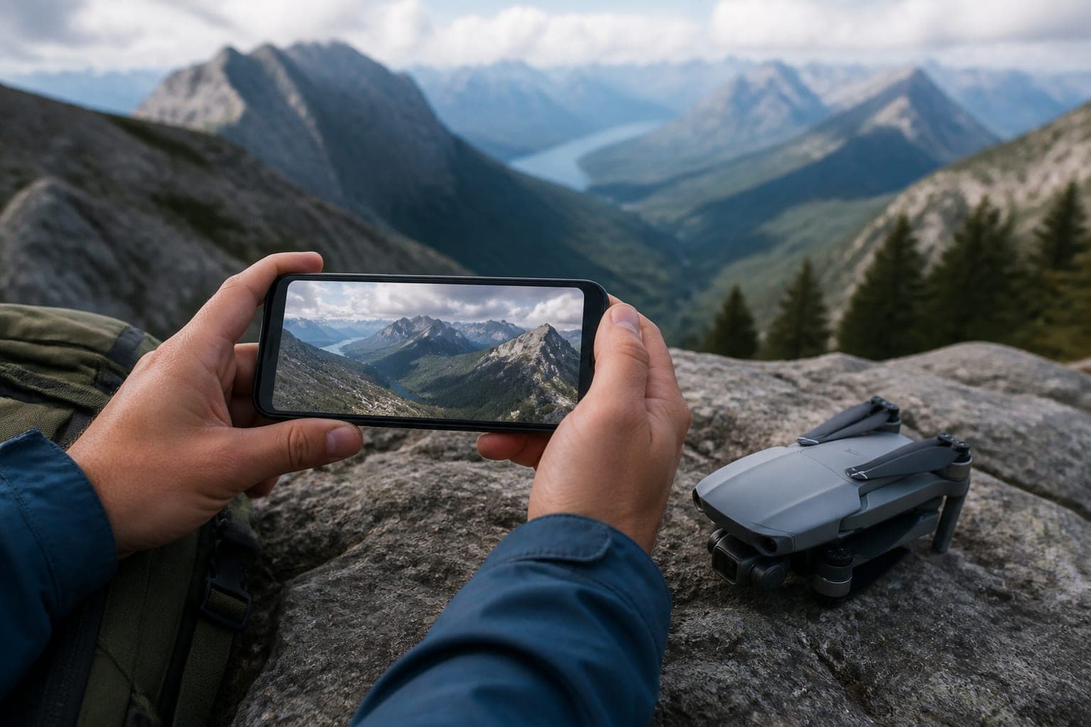 Checking aerial camera footage on the trail
