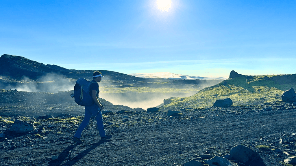 Fimmvörðuháls trail gear on volcanic terrain
