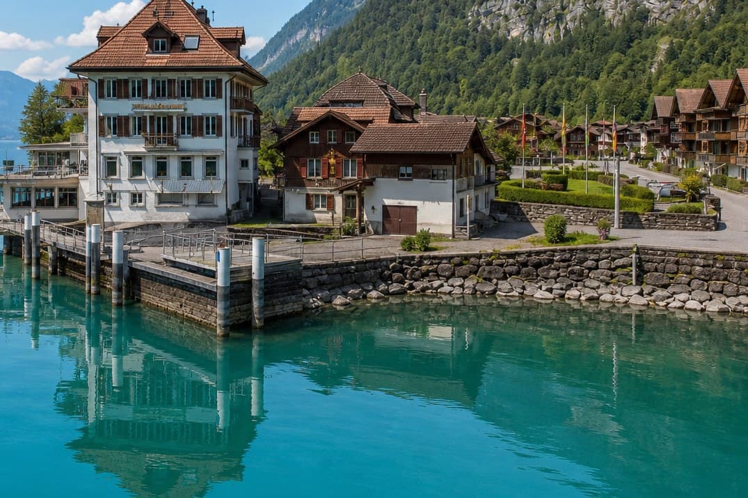 Iseltwald village on Lake Brienz from the lakeside approach