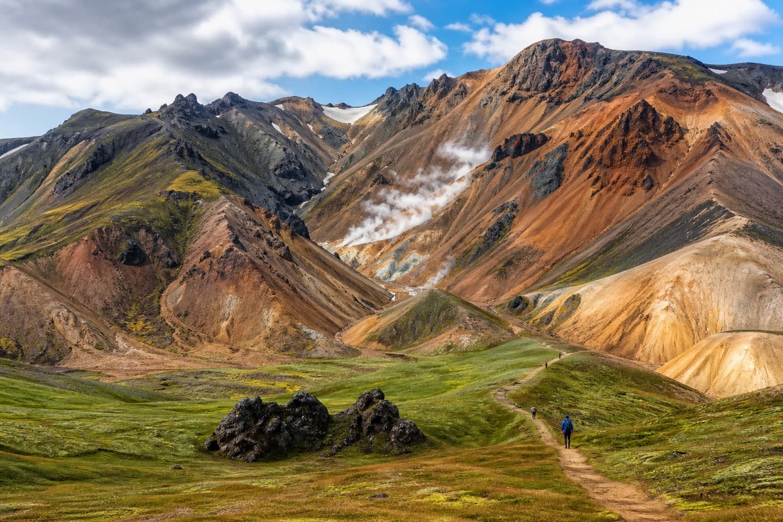 Rhyolite mountains and geothermal steam at Landmannalaugar, start of the Laugavegur.