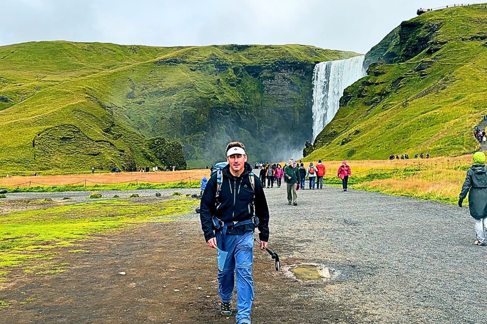 Waterfall and hikers on the Laugavegur Trail