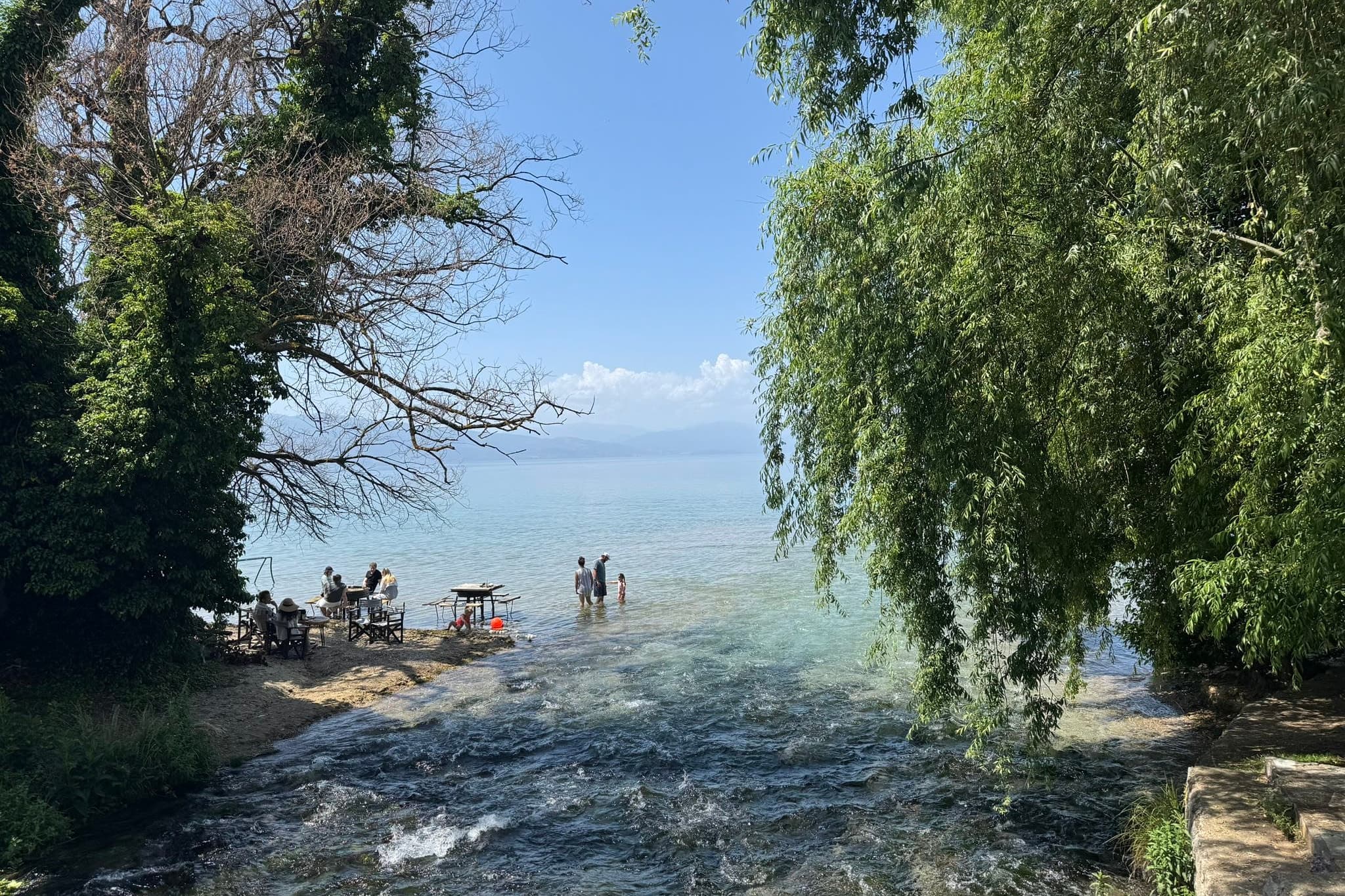 Clear water where the Black Drin meets Lake Ohrid near Struga