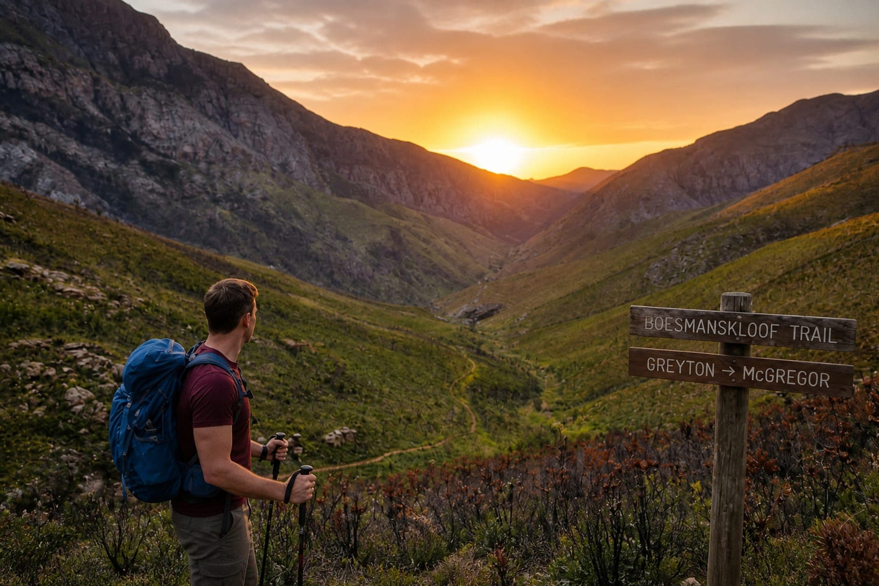 Lee on the Boesmanskloof Trail at sunset, Greyton to McGregor, South Africa