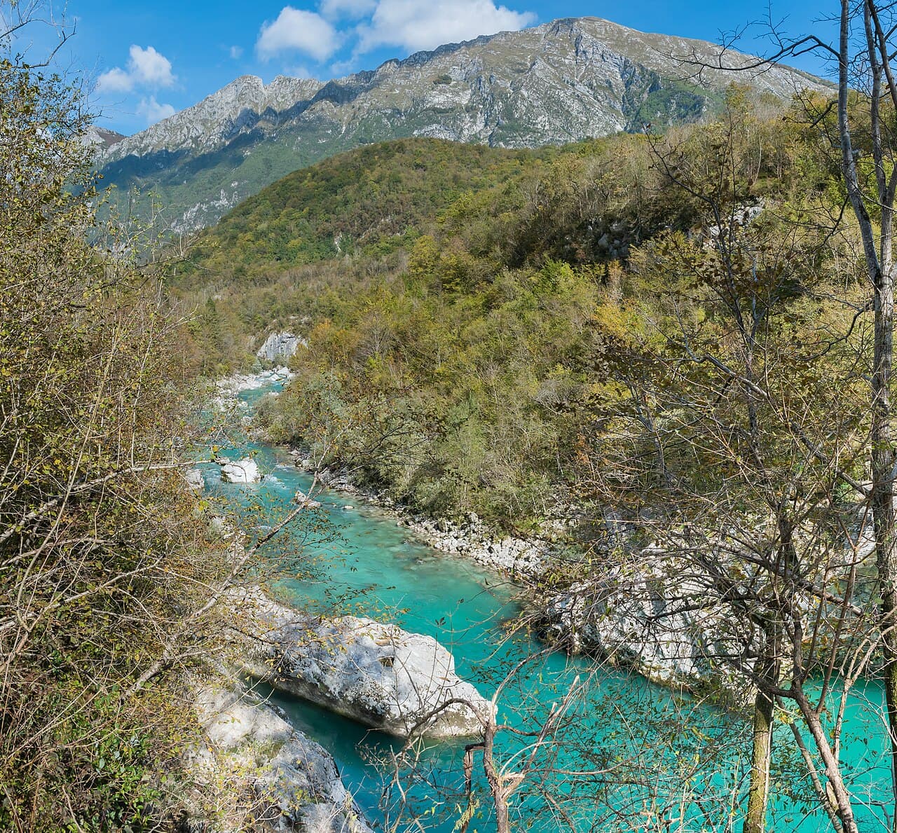 Turquoise Soča River flowing through the Julian Alps, Slovenia