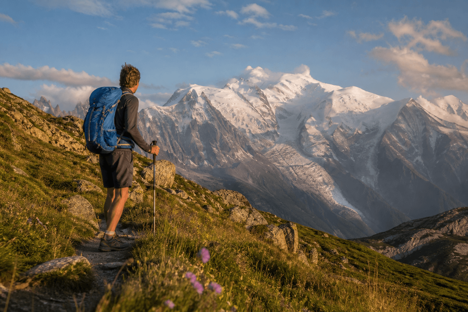 Hiker with backpack on the Tour du Mont Blanc