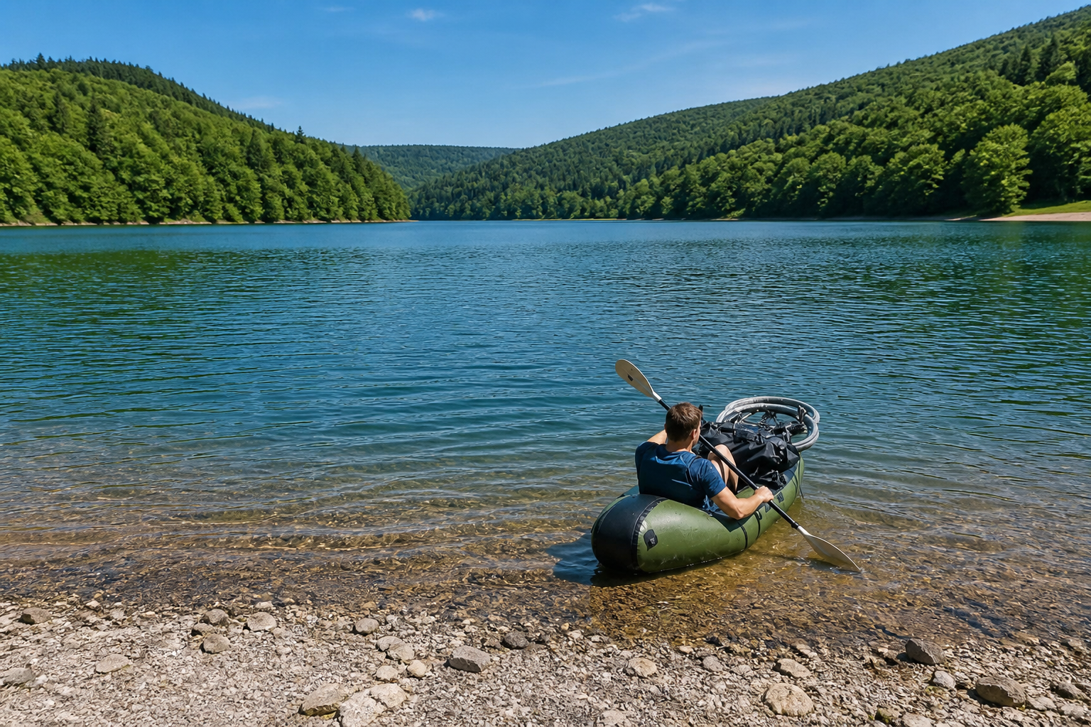 Packrafting on a calm lake in the Eifel, Germany