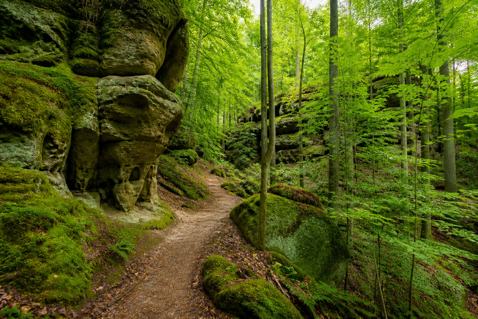 Sandstone rock formations and beech forest on the Mullerthal Trail, Luxembourg