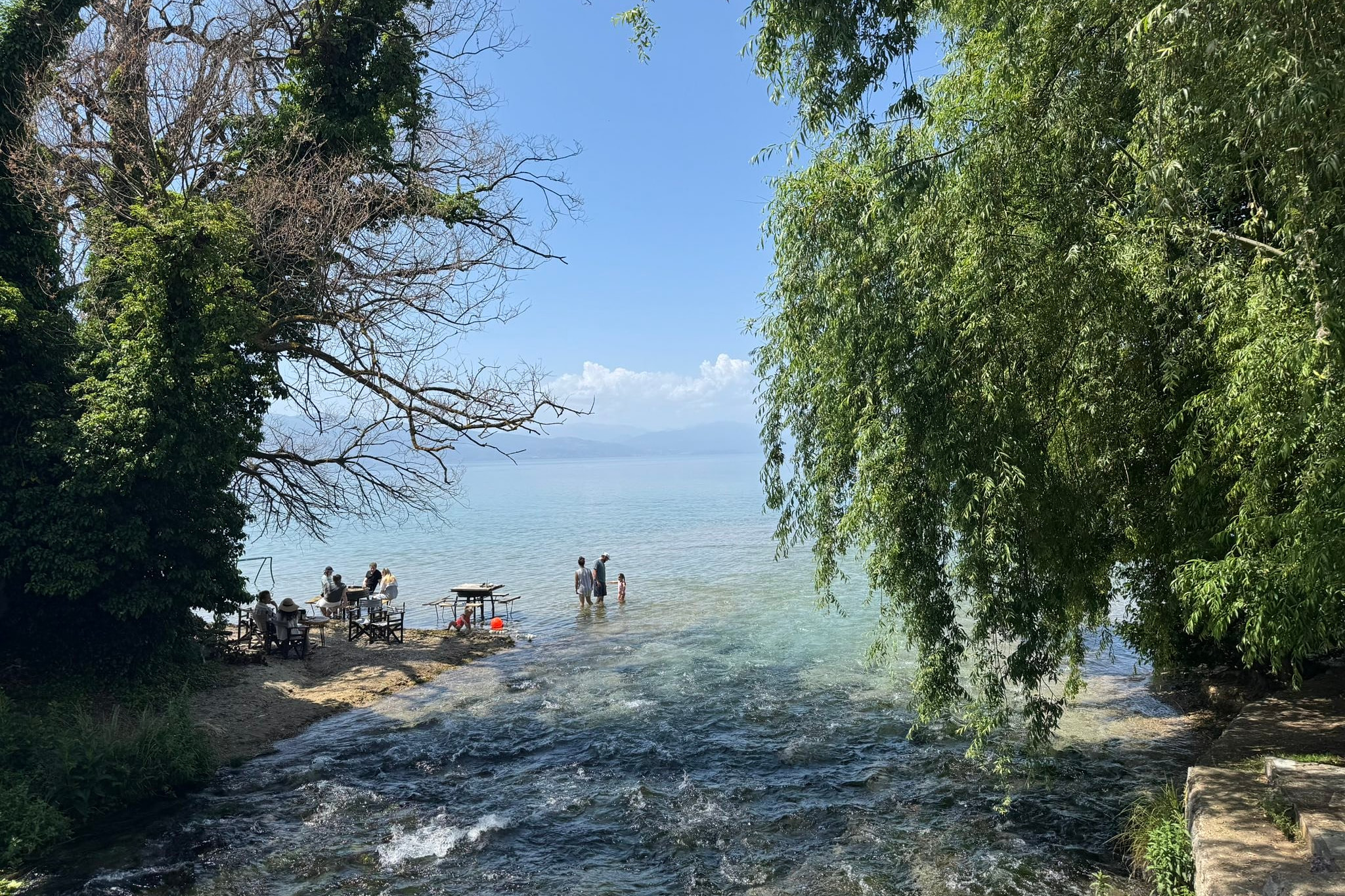 Clear water where the Black Drin meets Lake Ohrid near Struga, North Macedonia