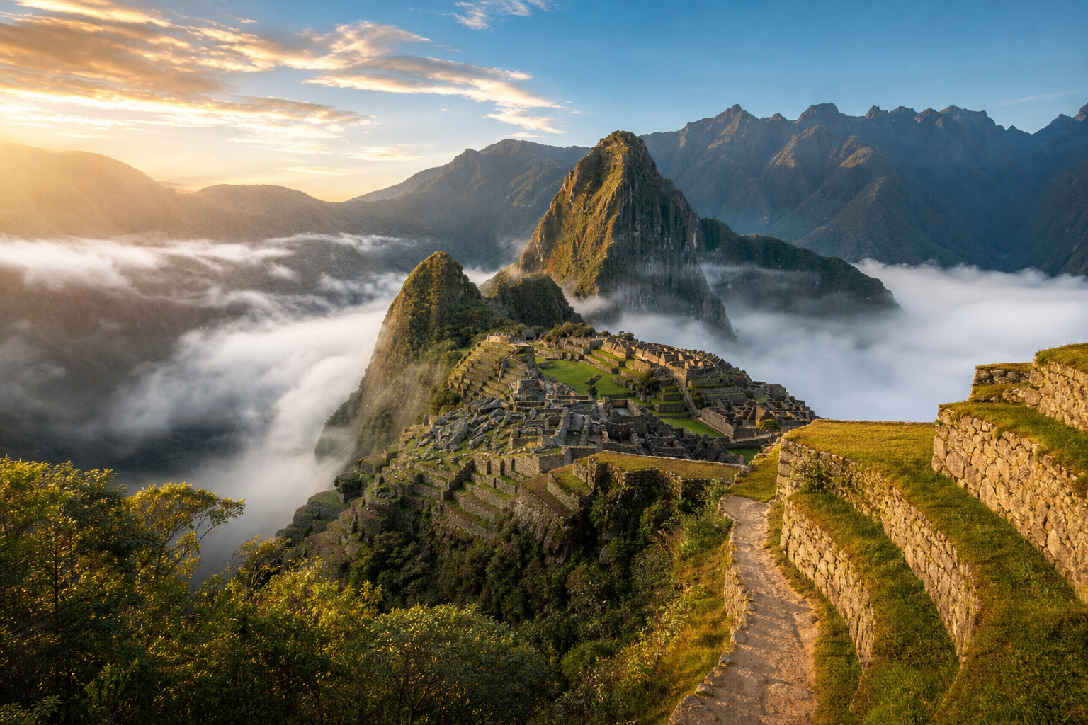 Machu Picchu at sunrise from the Classic Inca Trail, Peru