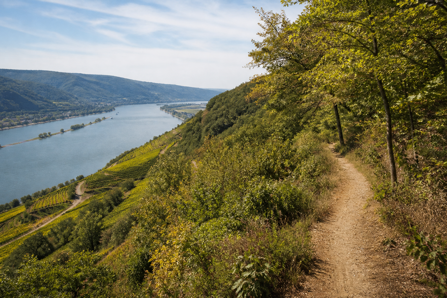 Rheinsteig trail through forested hills above the Rhine, Germany