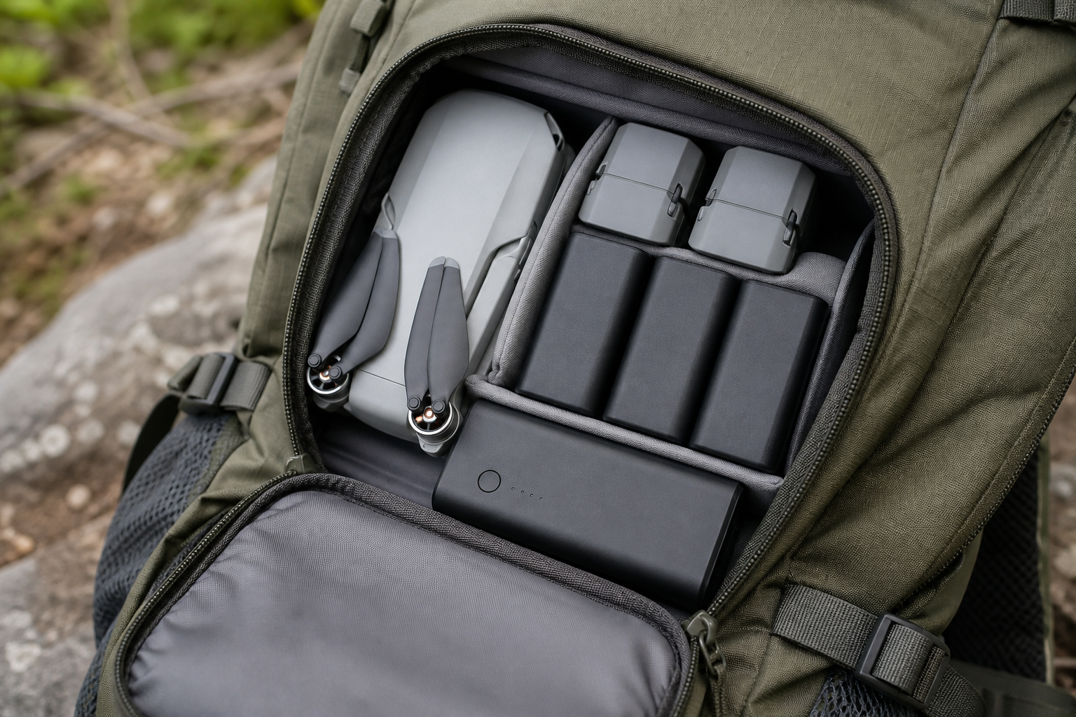 Spare batteries and power bank packed for a trek