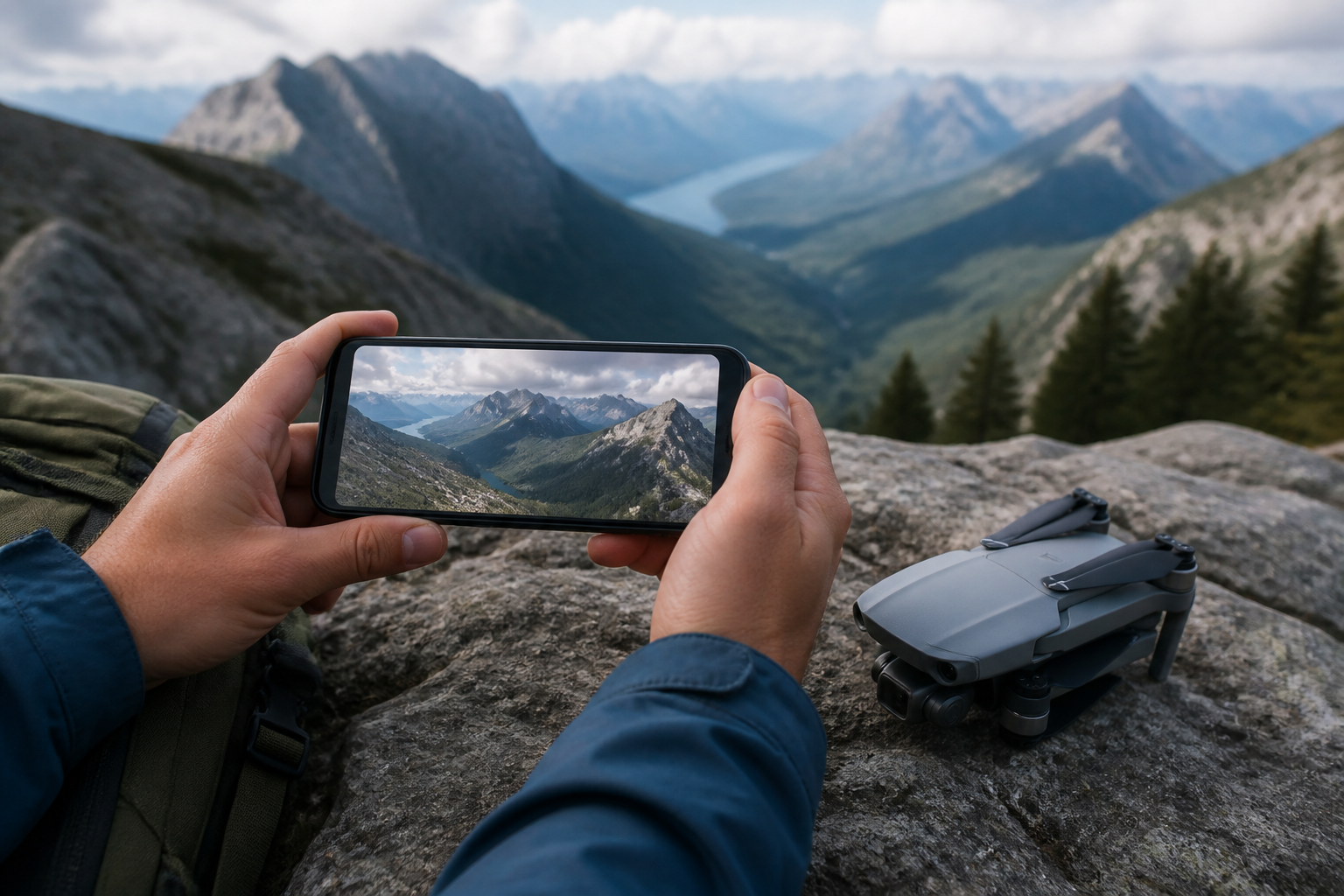 Checking aerial camera footage on the trail