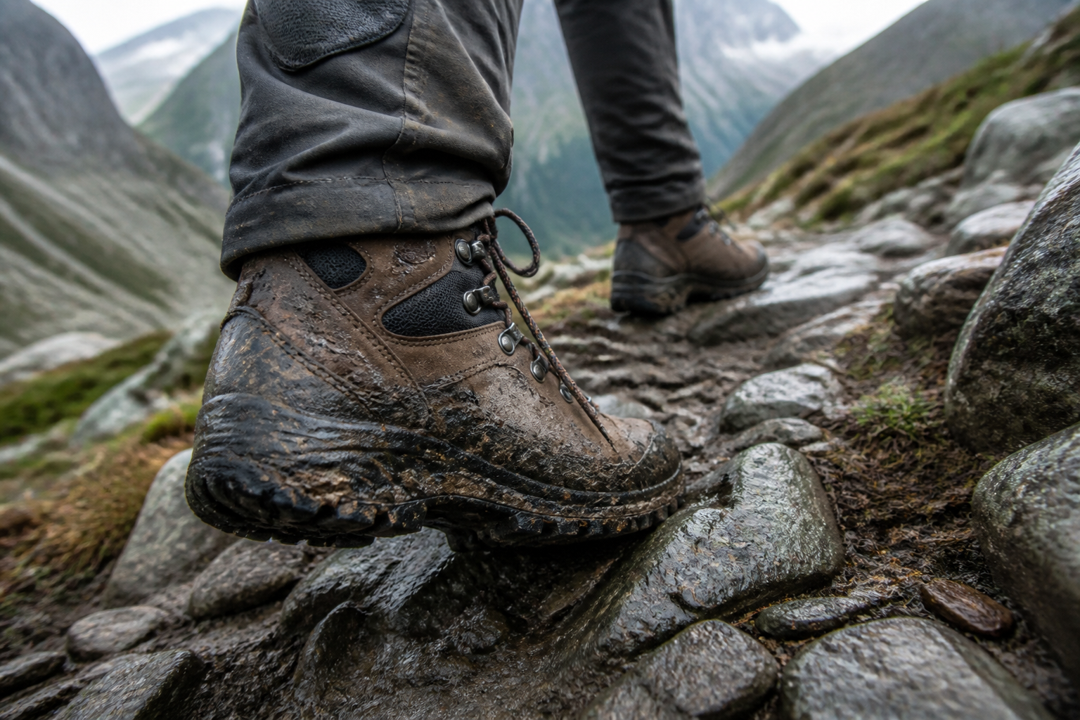 Hiking boots on rocky alpine terrain