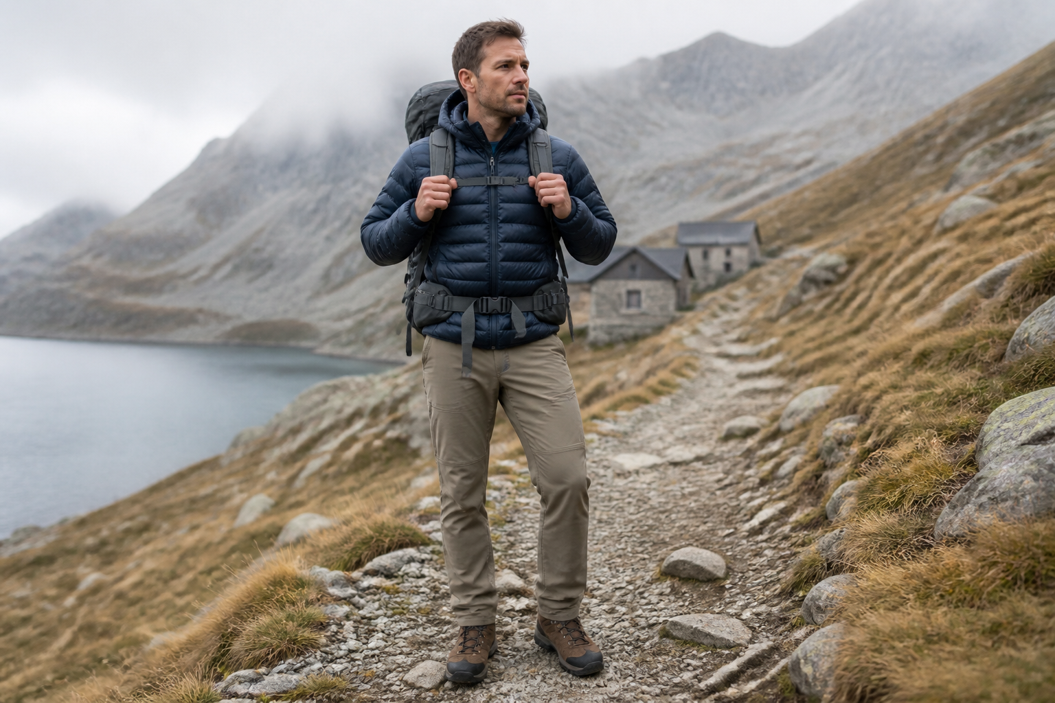Layered hiking clothing for alpine conditions