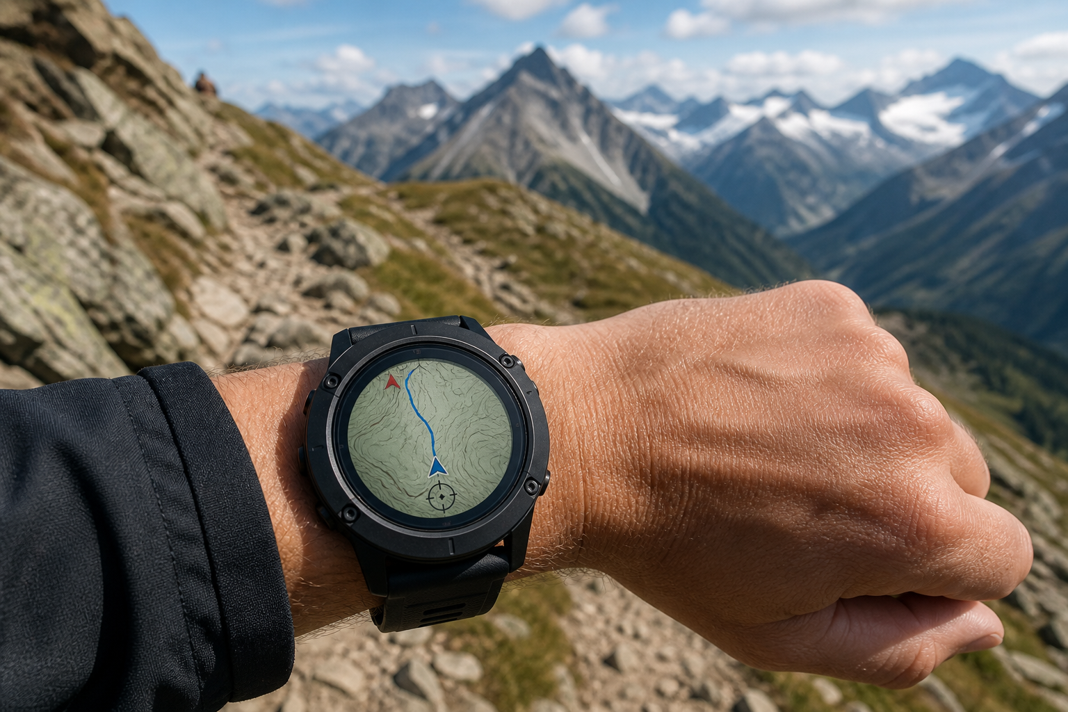 GPS watch map screen on an alpine ridge