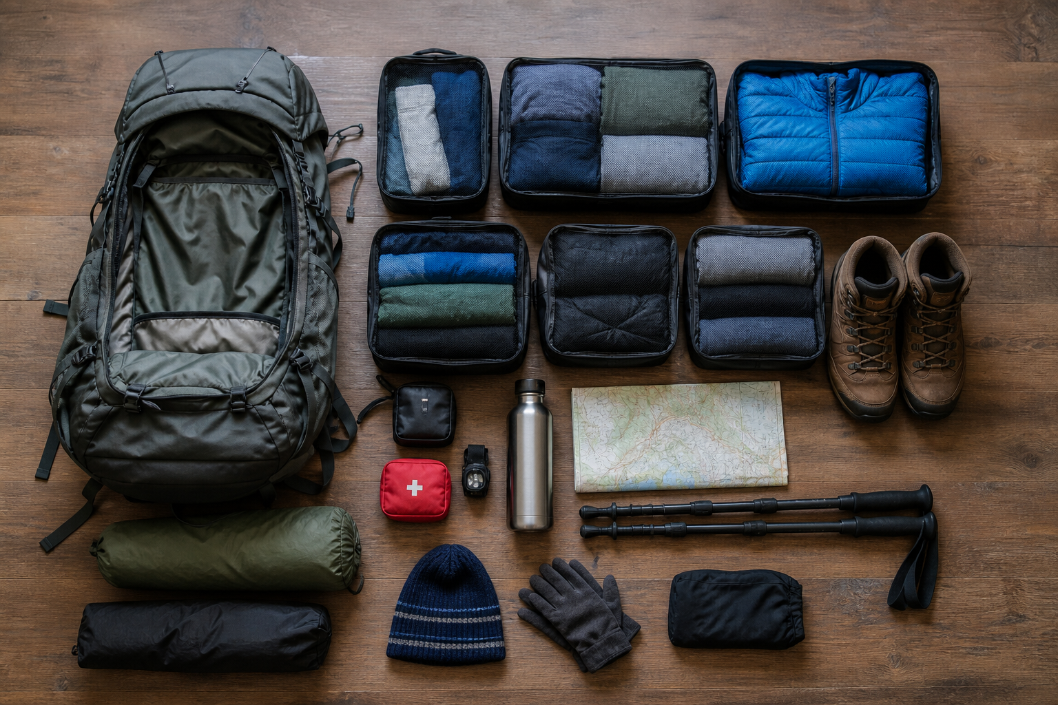 Organised multi-day trek packing layout