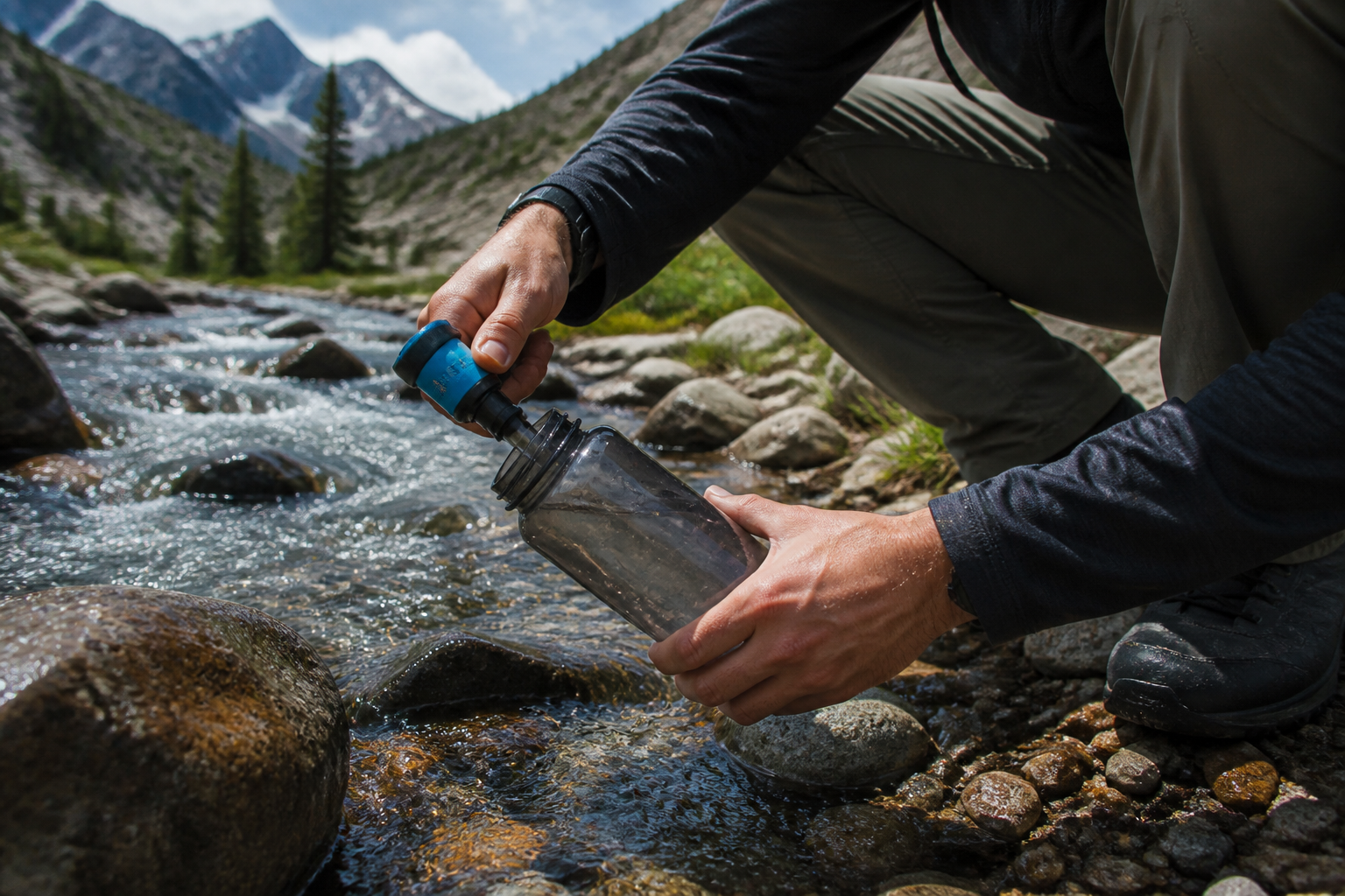 Filtering water from a mountain stream