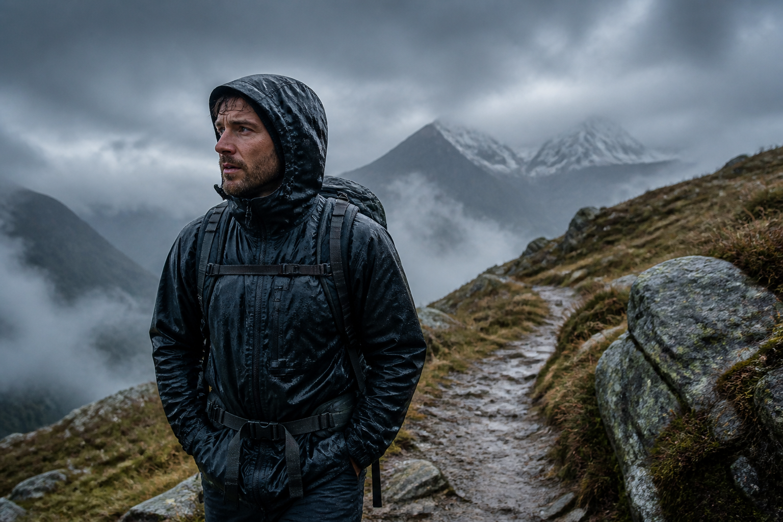 Waterproof rain jacket in wet mountain weather