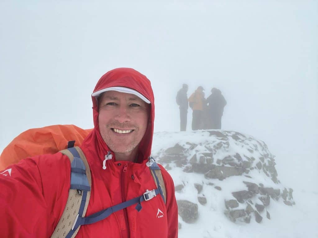 Ben Nevis summit cairn in cloud