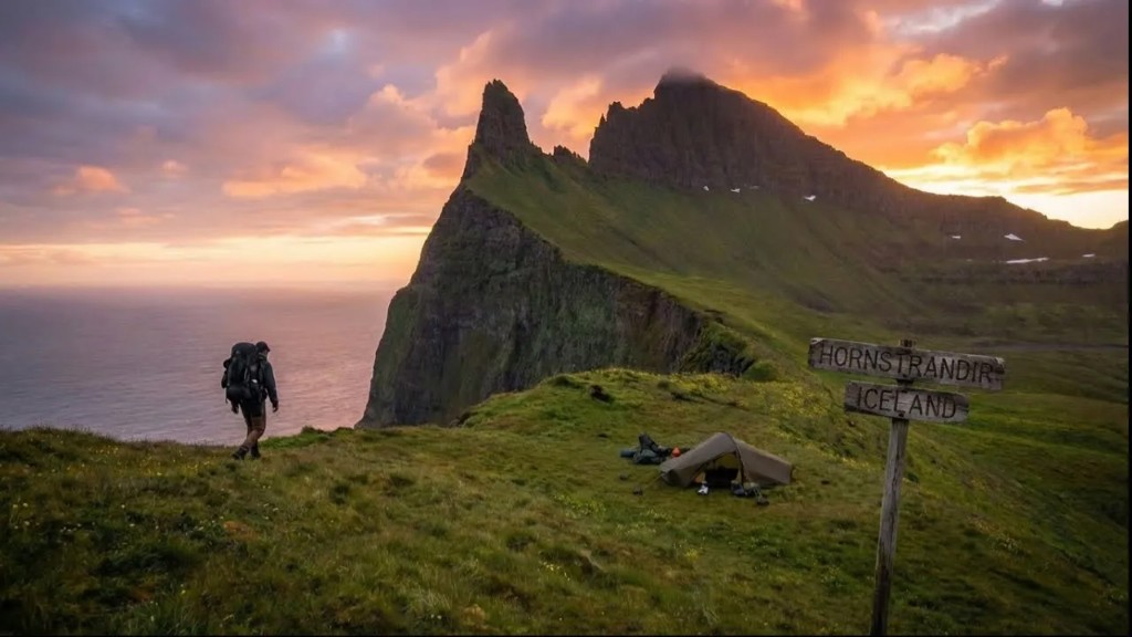 Wild camp on the Hornstrandir coast at sunset, Iceland