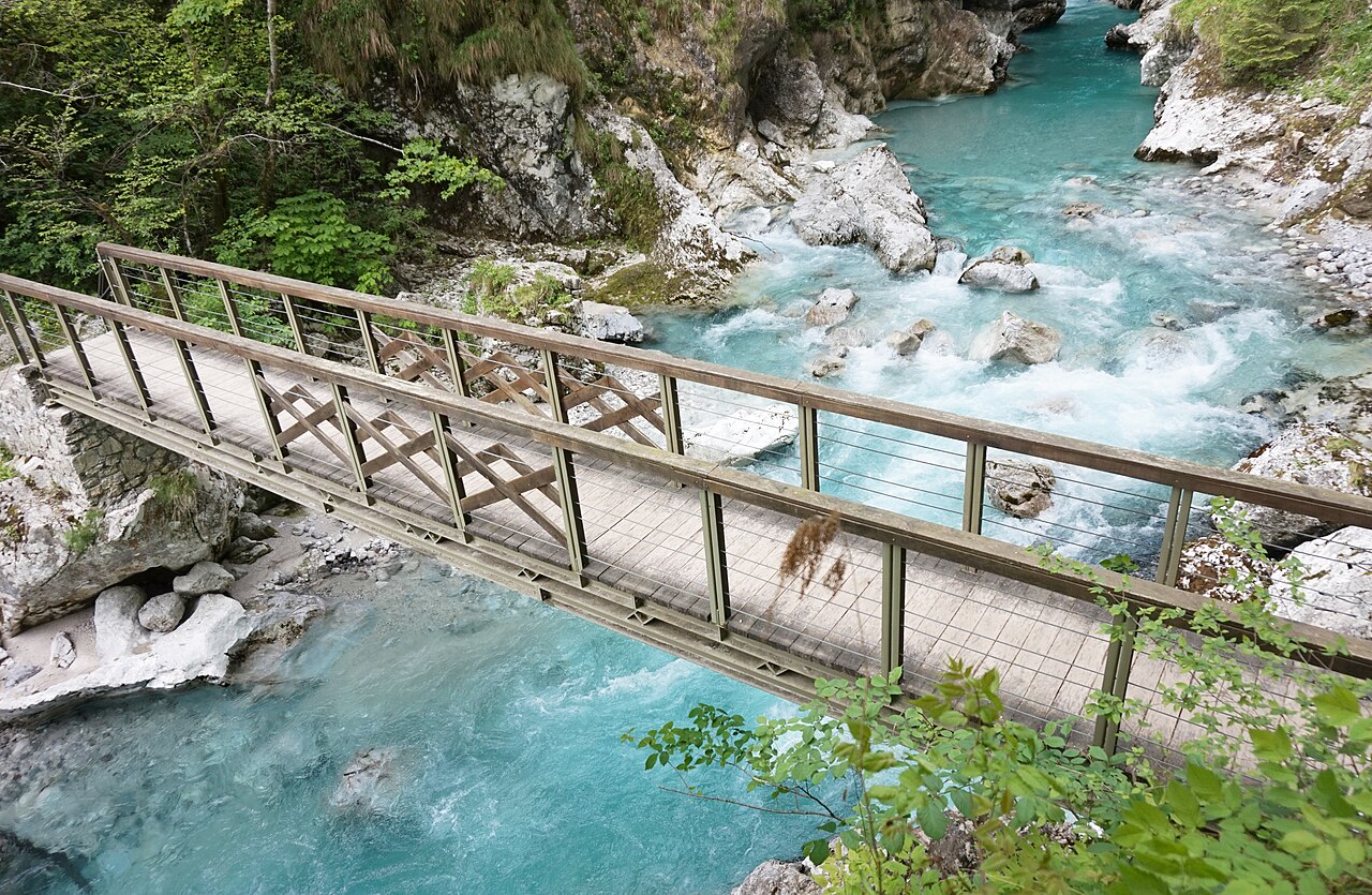 Tolmin Gorge with turquoise water and wooden walkways, Slovenia